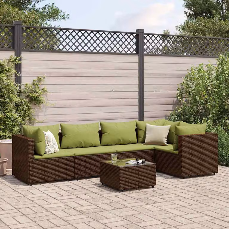 vidaXL Set di Mobili da Giardino Moderno a Forma di L con Cuscini, Polyrattan e Acciaio, Marrone e Verde