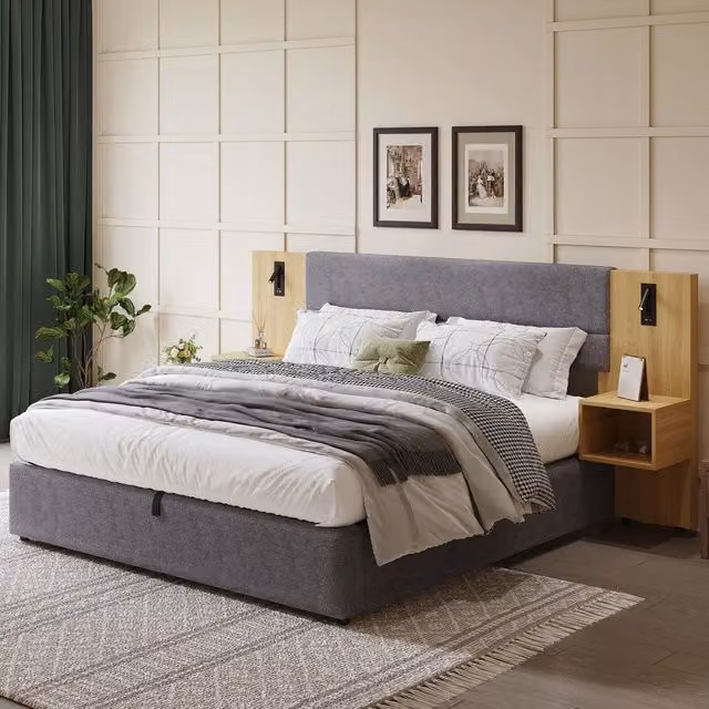 Letto Imbottito Matrimoniale con Comodini, LED e USB ¨C MINIMAL ¨C Velluto Grigio, 180x200
