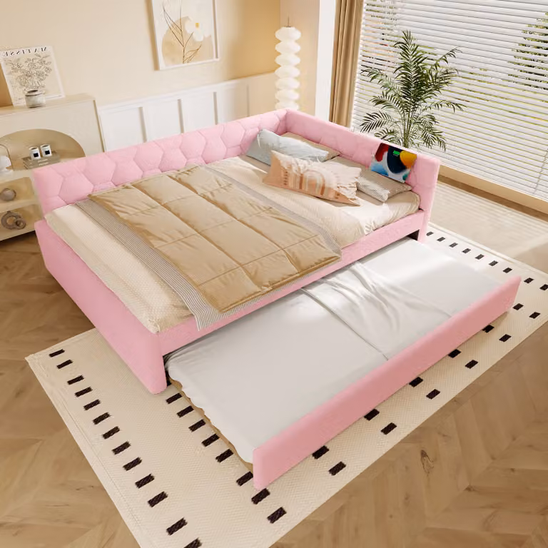 STILVORA Divano letto 140×200, divano letto diurno con letto estraibile multifunzionale, con rete a doghe e lampada da comodino, letto per ragazzi con porta Type-C e USB, senza materasso, rosa