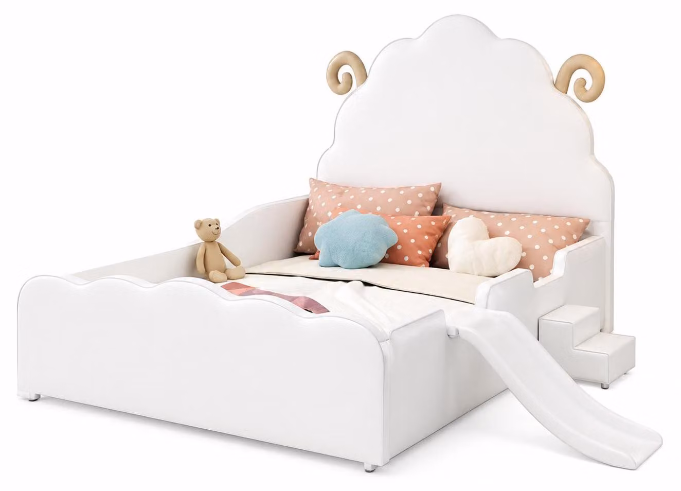 Letto a castello bianco con scaletta e scivolo, adatto a bambini di entrambi i sessi