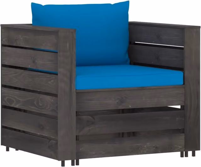 Set Salotto da Giardino vidaXL in Legno di Pino Trattato con Divano a 2 Posti, Poltrona e Pouf con Cuscini Blu e Grigri