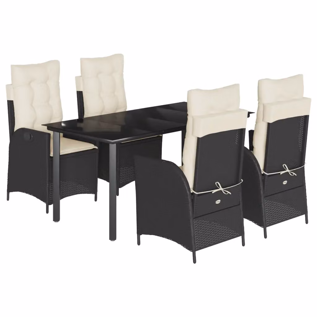 Set da Pranzo da Giardino vidaXL 5 pz in Polyrattan Nero con Piano in Vetro e Cuscini – 2