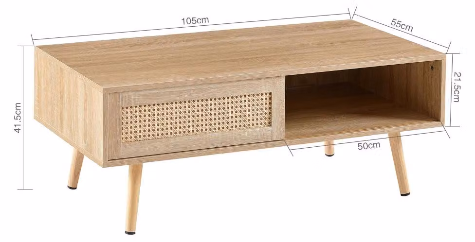 Tavolino in rattan – Tavolino da soggiorno – Ante scorrevoli – Spazio contenitivo – Gambe in legno – Legno naturale + MDF – 105 x 55 x 40 cm