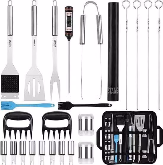 Set per barbecue in acciaio inossidabile, con valigetta da trasporto inclusa, ideale per gli uomini, con termometro per carne, regalo.