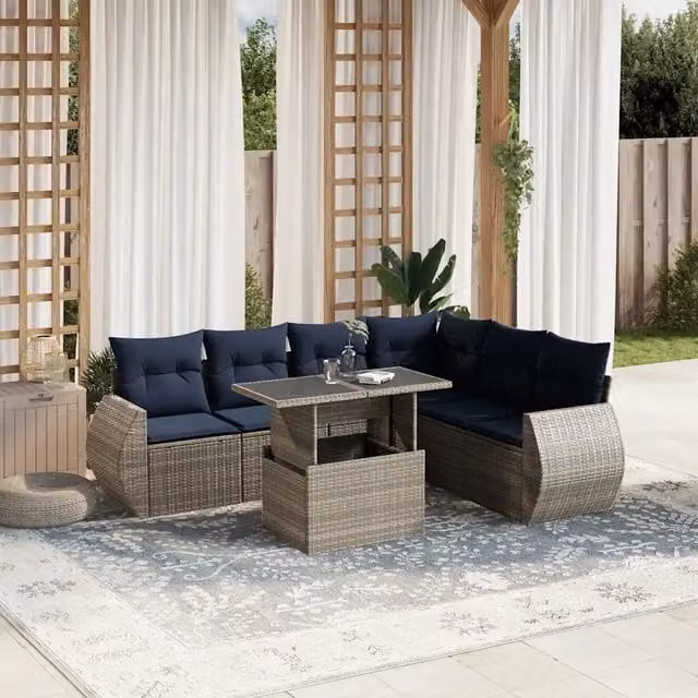 Set Divani da Giardino 7 pz con Cuscini Grigio in Polyrattan 3268561