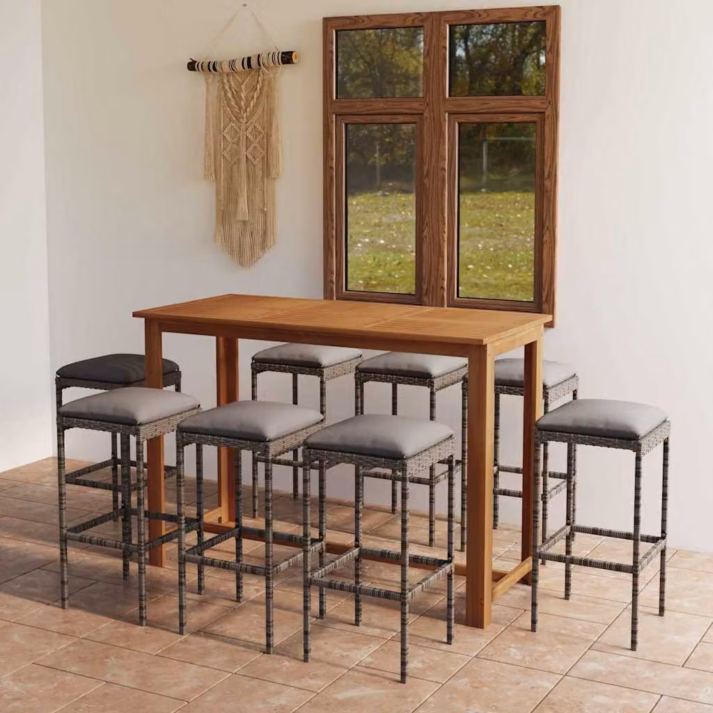 Set da Bar da Giardino vidaXL 9 pz in Polyrattan e Legno di Acacia con Cuscini Grigio Antracite e Marrone – 1