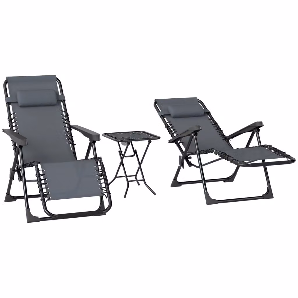Set di 2 sedie da giardino pieghevoli Outsunny con tavolino in metallo e textilene grigio, dotate di poggiatesta regolabile e portabicchieri – 2