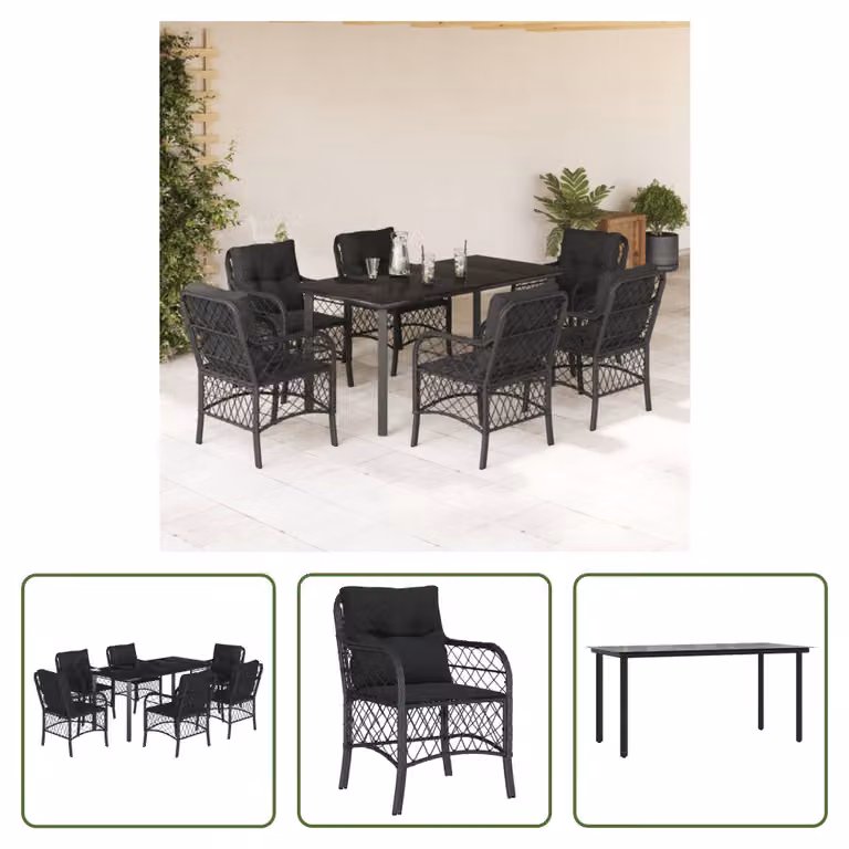 The Living Store Set da pranzo da giardino 7 pezzi con cuscini in polirattan nero