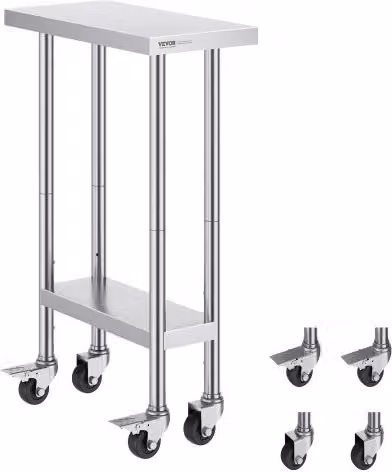 Tavolo da lavoro VEVOR in acciaio inossidabile con 4 ruote e 3 livelli di altezza regolabili, Argento, L: 61,0 cm, P: 35,0 cm, H: 95,46 cm