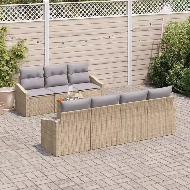 Set da giardino moderno vidaXL composto da 8 pezzi in polyrattan beige con divano a 3 posti, poltrone lounge e tavolino da caffè