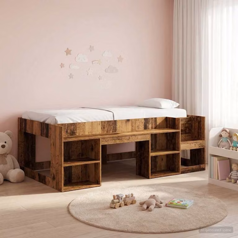 Letto singolo rialzato per bambini vidaXL in legno color marrone con scomparti laterali L/P/H: 193.5 x 90 x 118.5 cm