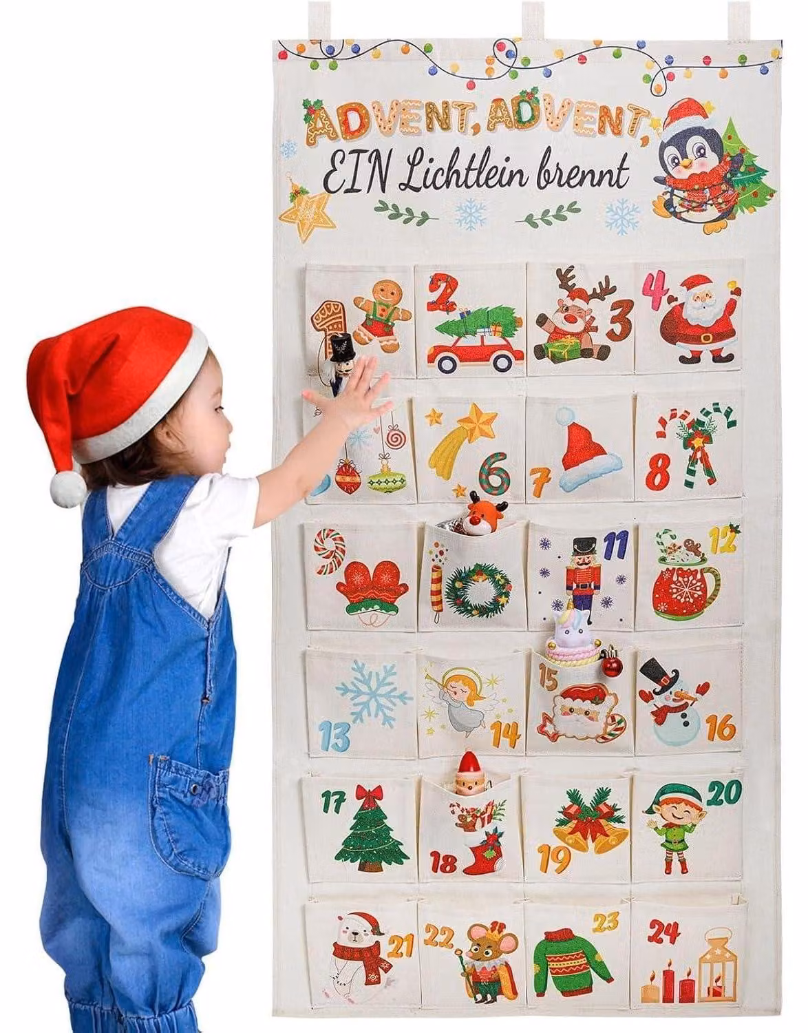 Calendario dell'Avvento con 24 tasche, arazzo, sacchetti di stoffa, per bambini, Natale