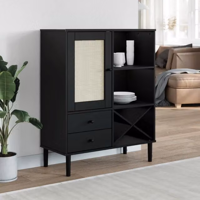 Credenza SENJA vidaXL in legno di pino massello e rattan, colore nero, L 90 cm, P 40 cm, H 112 cm – 1