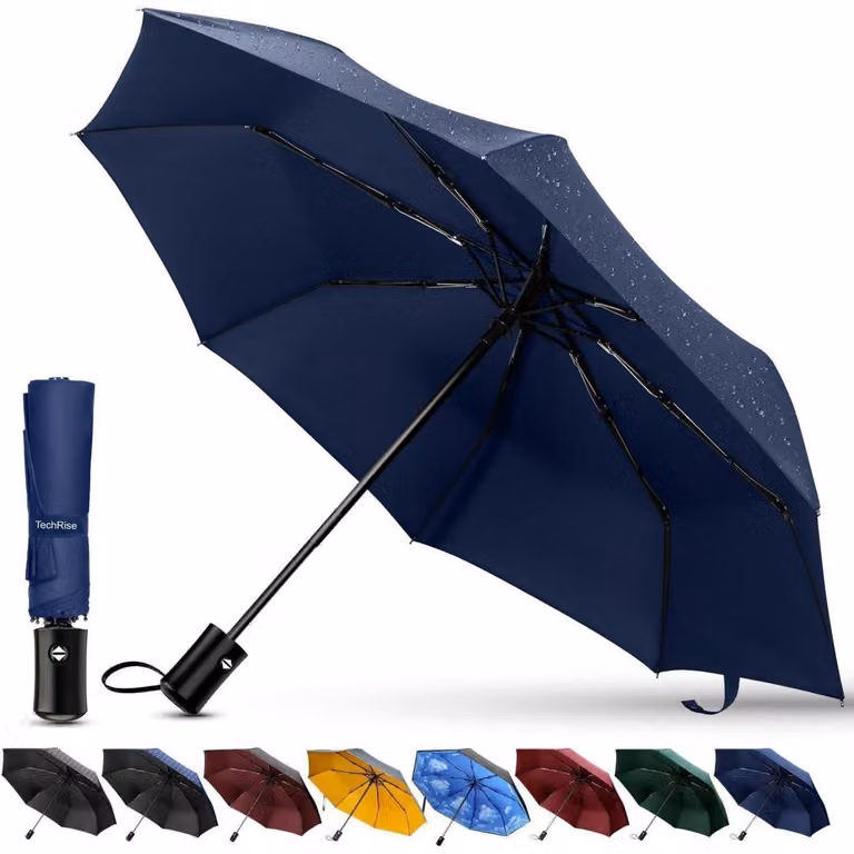 Ombrello resistente al vento, con apertura automatica, colore blu marino, pieghevole