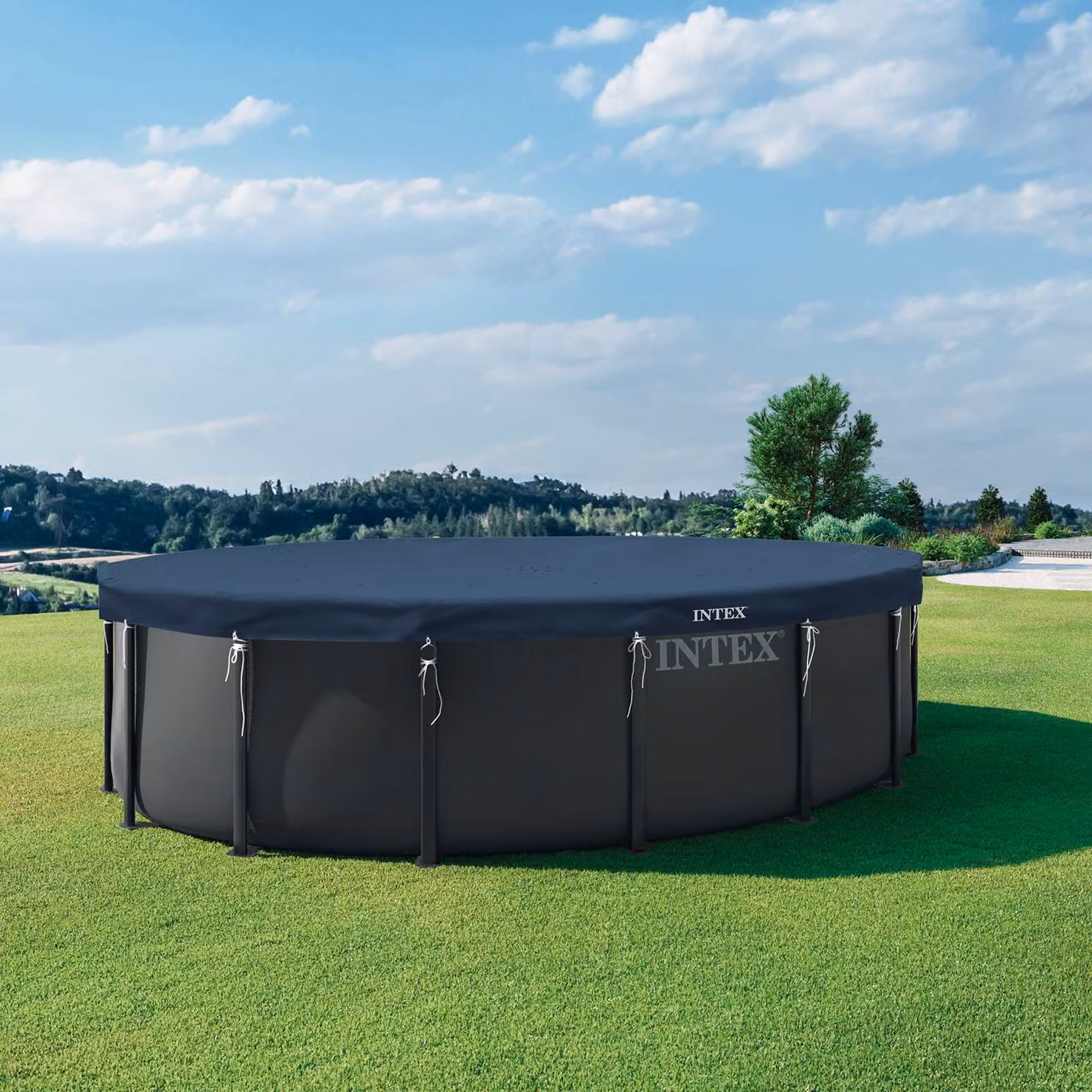 Copertura per piscina rotonda Intex in PVC e PET blu e grigio Ø488 x 20 cm