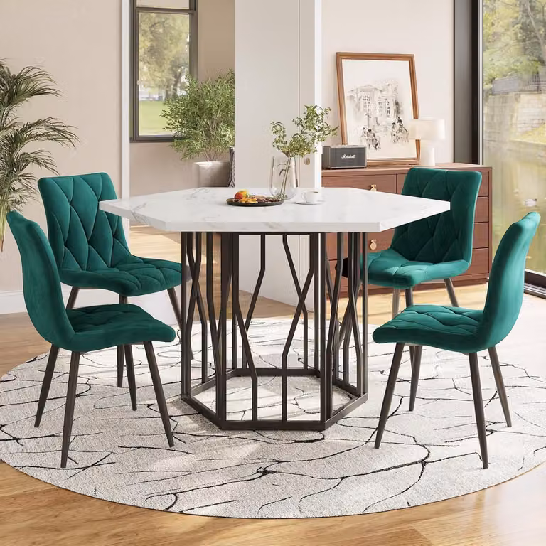 Tavolo da pranzo esagonale, set da 5 pezzi, dimensioni 115,5 x 100 x 75 cm, verde e nero, con 4 sedie in velluto