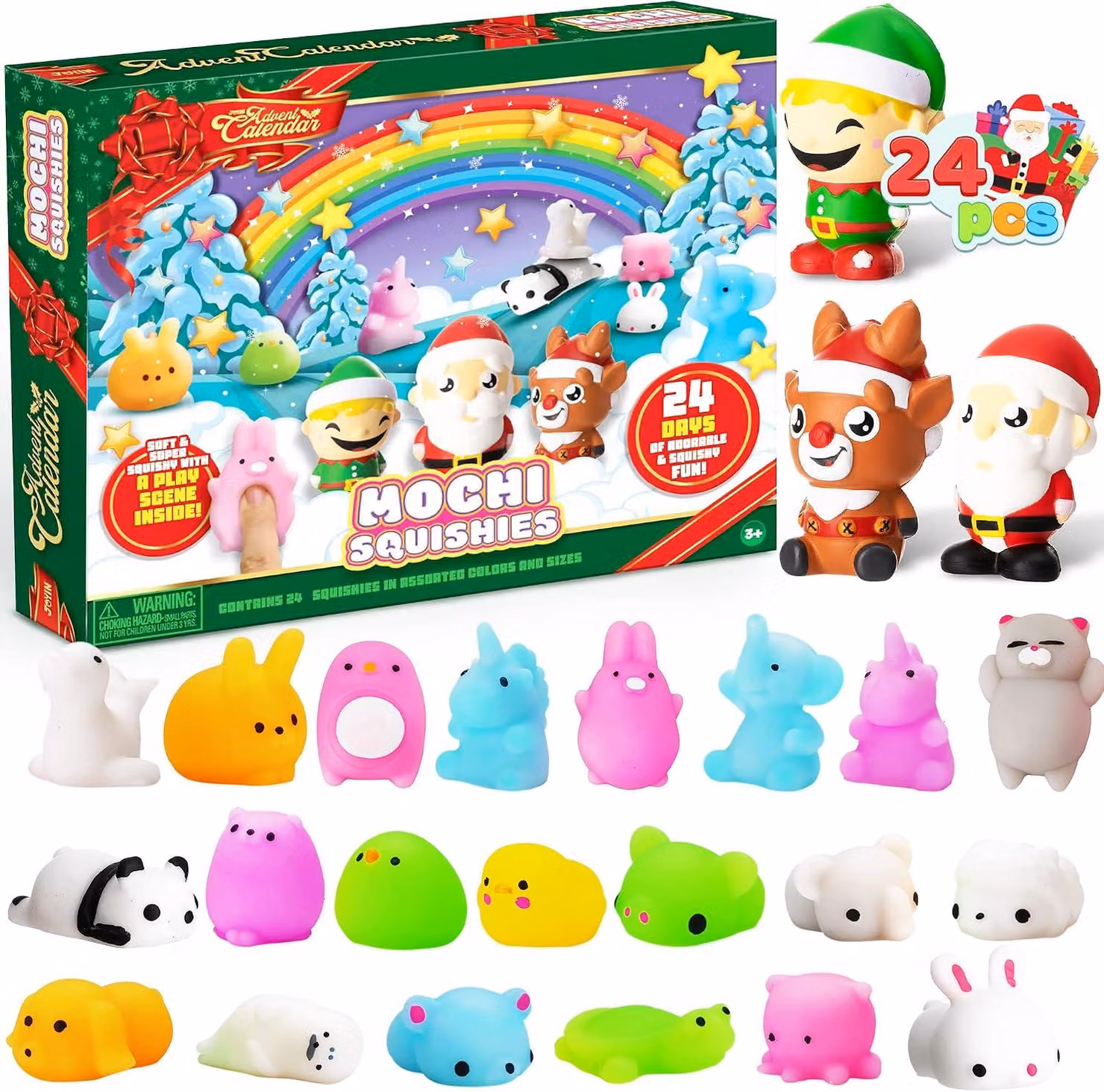 Calendario dell'Avvento a forma di mochi morbidi, edizione natalizia - 24 giorni - Calendario dell'Avvento per contare i giorni con 21 adorabili peluche mochi