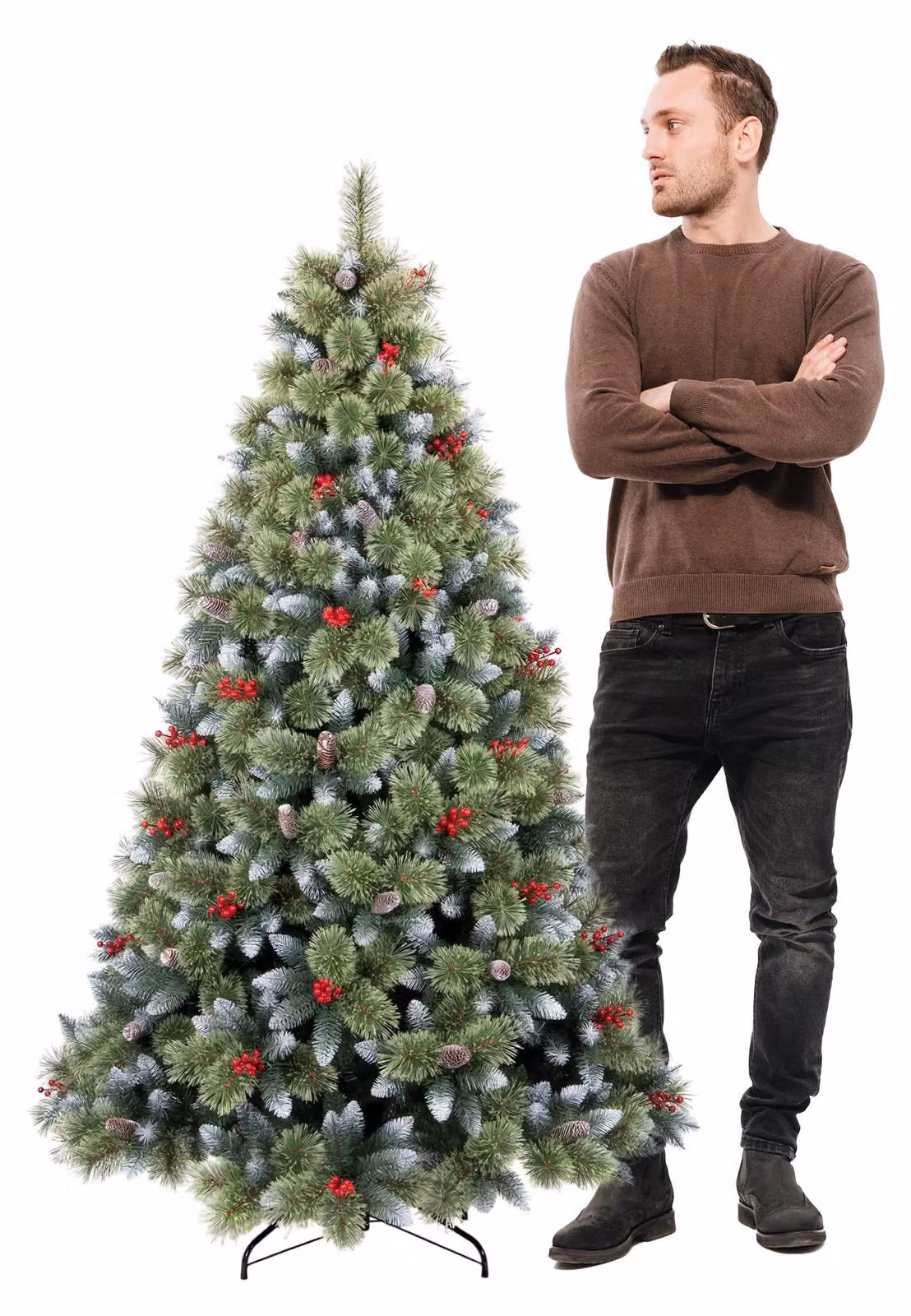 Cortina - Albero di Natale Innevato in PVC e PP con Pigne e Bacche Ø83x150H, 572 Punte