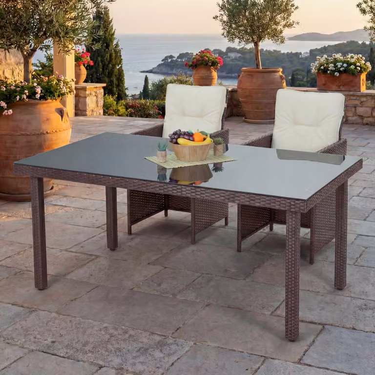 Tavolo da giardino in polyrattan Chieti, tavolo da pranzo con piano in vetro, 160x90x74 cm ~ marrone