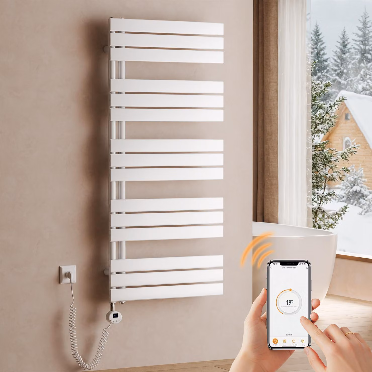 Asciugatore elettrico per asciugamani, dimensioni 1320 x 600 mm, 800 W, bianco, radiatore da bagno con termostato, Wi-Fi, timer programmabile e display LCD – S'AFIELINA