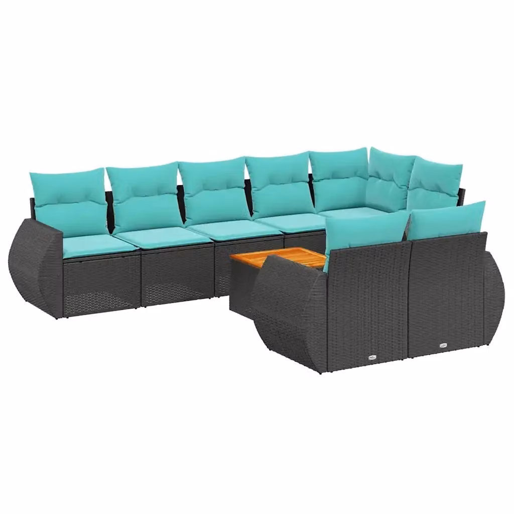 Set da giardino moderno vidaXL composto da 9 pezzi con cuscini e tavolino, in rattan e metallo nero con dettagli in legno di acacia – 2