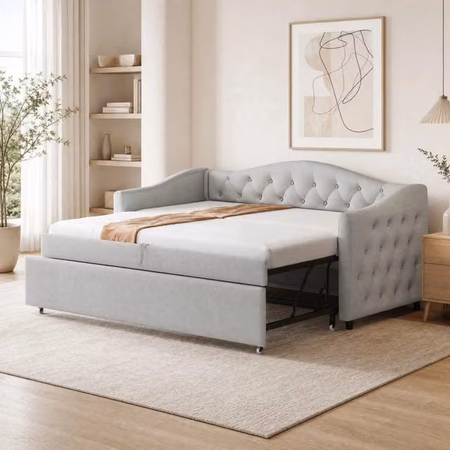 Letto imbottito 90x200 cm grigio in lino con USB e rete a doghe