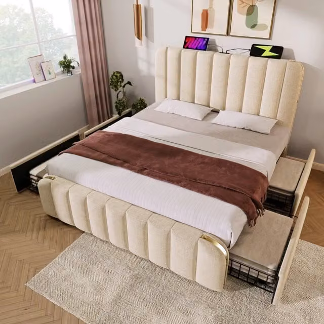 Letto per adulti imbottito 140x190 cm con USB e Type-C; 4 cassetti; struttura in lino beige e metallo