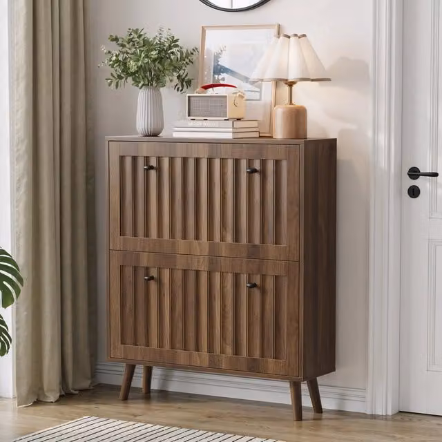 Scarpiera Mid Century con Vani Basculanti in MDF e Legno, Colore Marrone, L: 80 cm, P: 24 cm, H: 95 cm