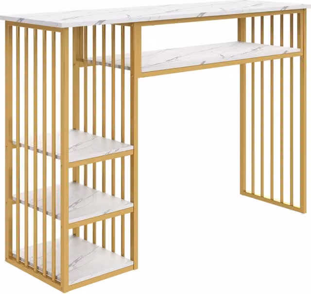 Tavolo Bar con Ripiani, 140×40×105 cm, Piano MDF effetto Marmo e Struttura in Metallo Dorato