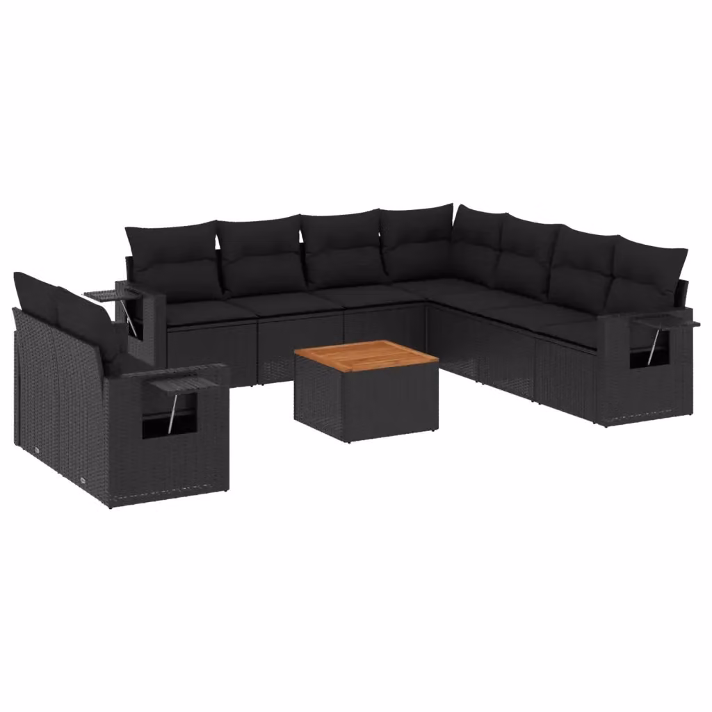 vidaXL Set Divani da Giardino 10pz in Polyrattan Nero con Cuscini e Tavolino da Esterno – 2
