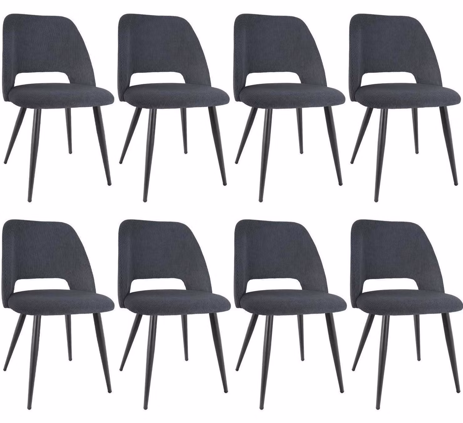 Set di 8 sedie da pranzo in tessuto cord, con gambe in metallo, colore nero