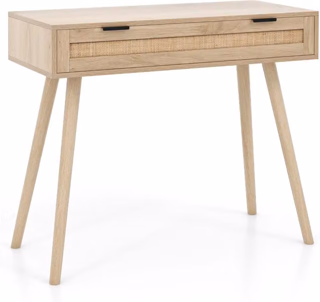 Tavolo consolle in rattan e legno stile boho Design Mania, colore beige, L: 88 cm, P: 40 cm, H: 77 cm – 1