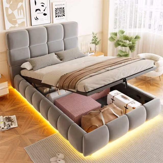 Letto Imbottito 90x200 cm in Velluto Grigio con Contenitore Idraulico e Luci LED