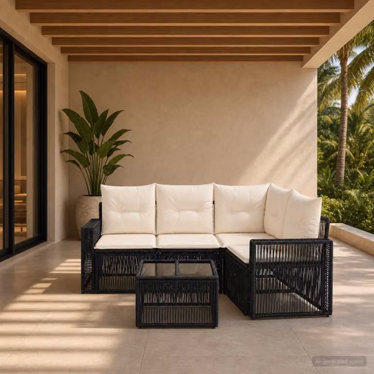 Set Divano da Giardino vidaXL 5 Pezzi Moderno a L con Tavolino, Struttura in Acciaio e Cuscini Imbottiti, Nero e Bianco