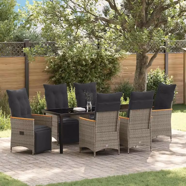 Set da pranzo per giardino e terrazzo vidaXL in polyrattan e legno di acacia da 7 pezzi, colore grigio e marrone