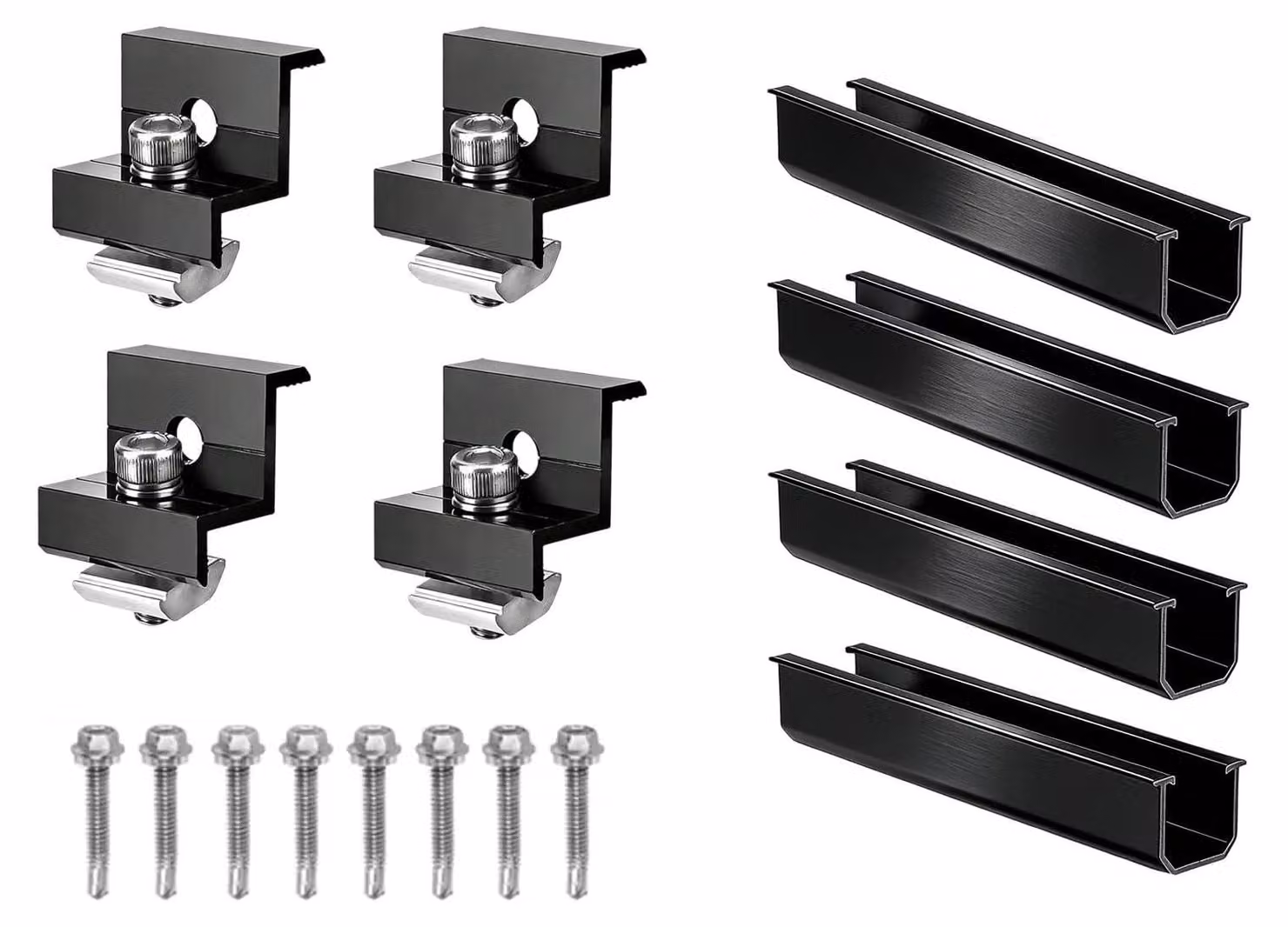Supporti per pannelli solari, confezione da 4, con binari in alluminio da 12 cm e 4 morsetti regolabili per moduli di spessore da 30 a 35 mm