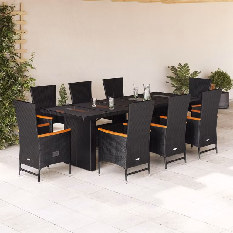 Set da Pranzo da Giardino vidaXL in Polyrattan e Legno di Acacia con Cuscini, Nero e Bianco, 9 Pezzi