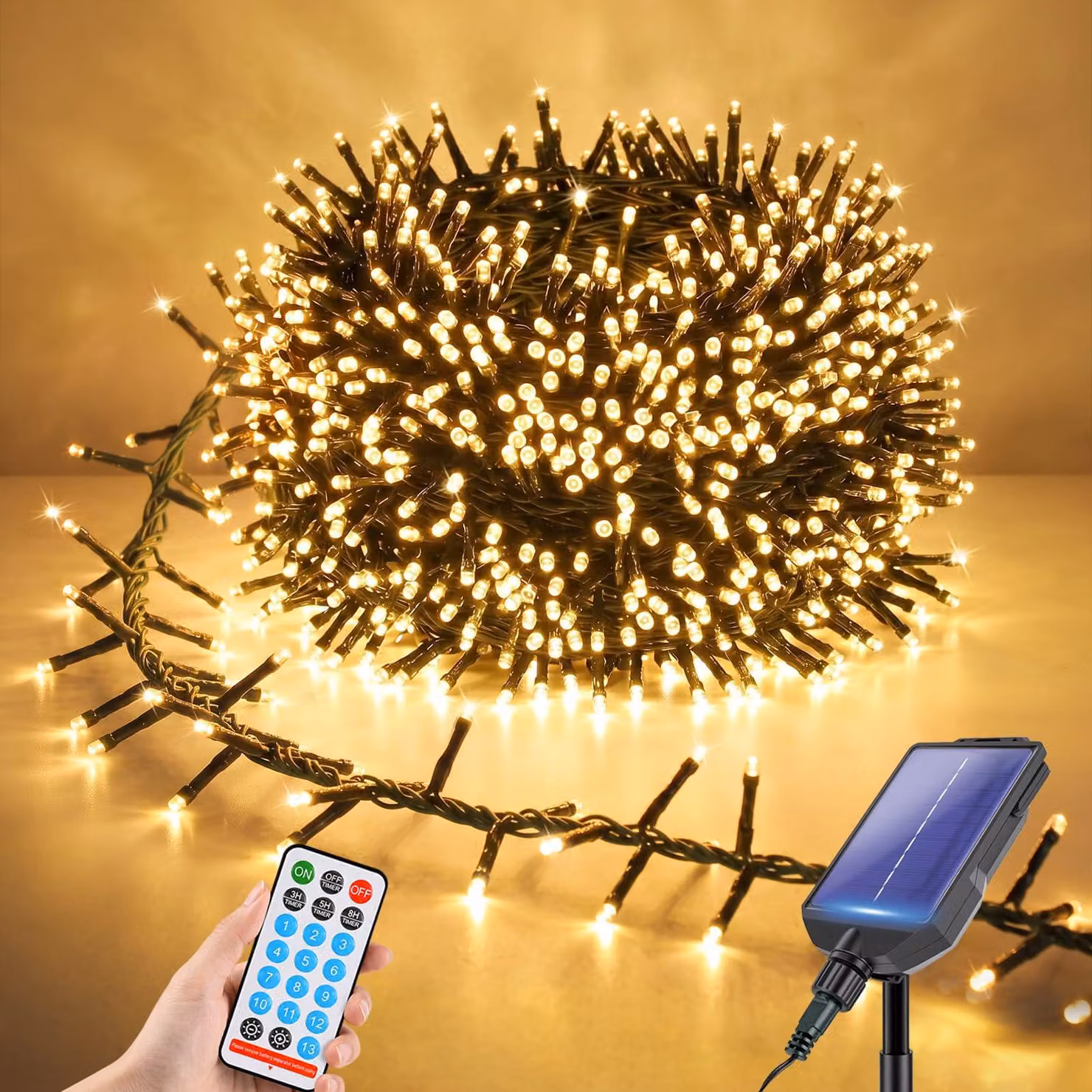 Catena luminosa solare, 19 metri, 800 LED, luce bianco caldo, 13 modalità, resistente alle intemperie