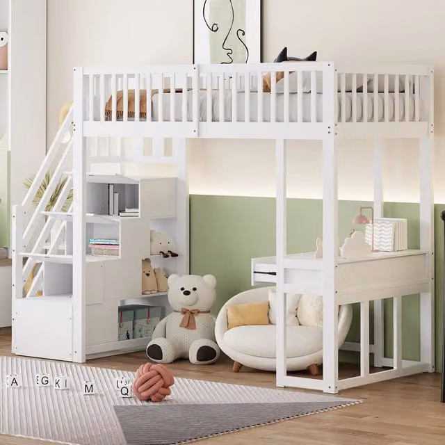 Letto a soppalco MIVRAY bianco con scrivania multifunzione, scala contenitore e rete a doghe in legno, dimensioni: 90 x 200 cm