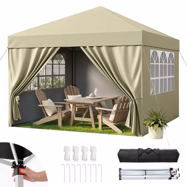 Gazebo da esterno 3x3 metri, impermeabile, con protezione UV 50+, regolabile in altezza, completo di 4 pannelli laterali, colore beige