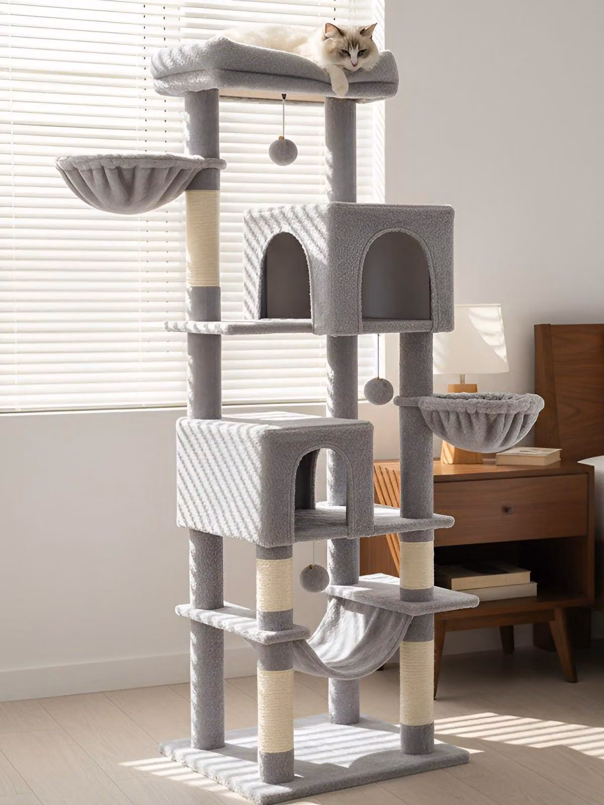 Albero per gatti grande, modello XXL, alto 180 cm, con 5 pali per graffiare, 2 tane, 2 ceste, adatto per gatti