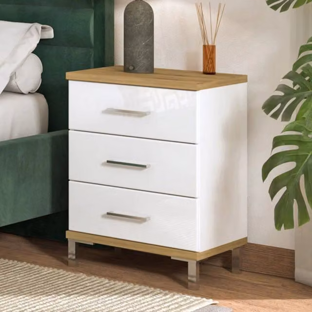 Comodino moderno DMORA in metallo lucido, L: 45 cm, P: 40 cm, H: 69 cm, Bianco e Marrone – 1