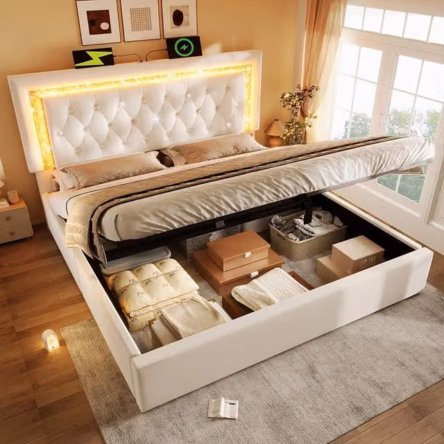 Letto imbottito-Xylo-180x200cm LED diamante USB-C idraulico velluto beige senza materasso