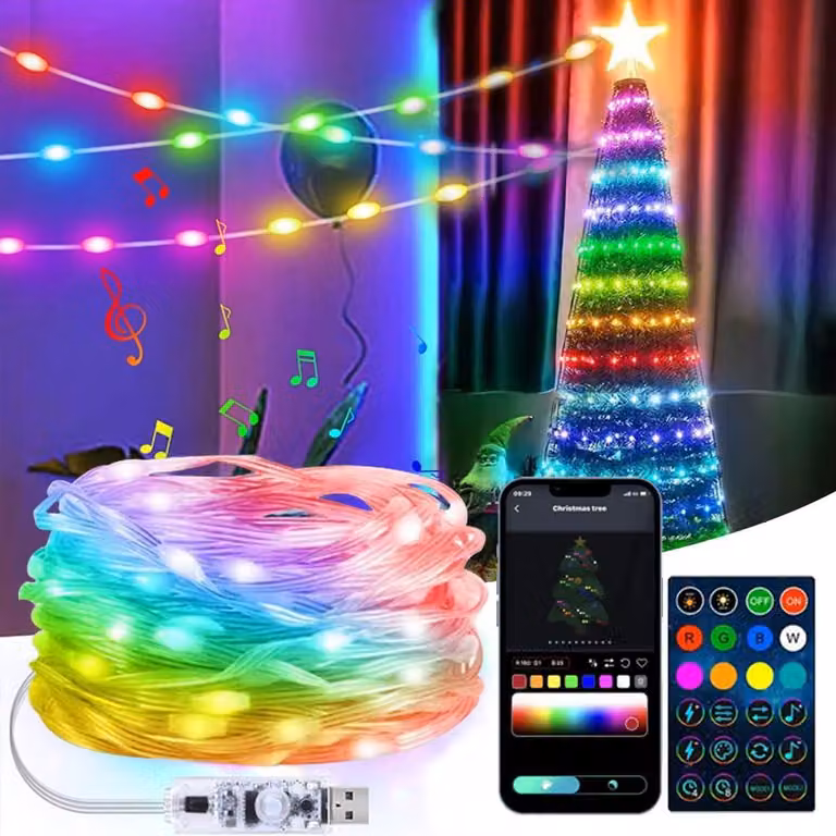 Catena luminosa LED USB Bluetooth, 20 metri, 200 LED, con sincronizzazione musicale e colori RGB