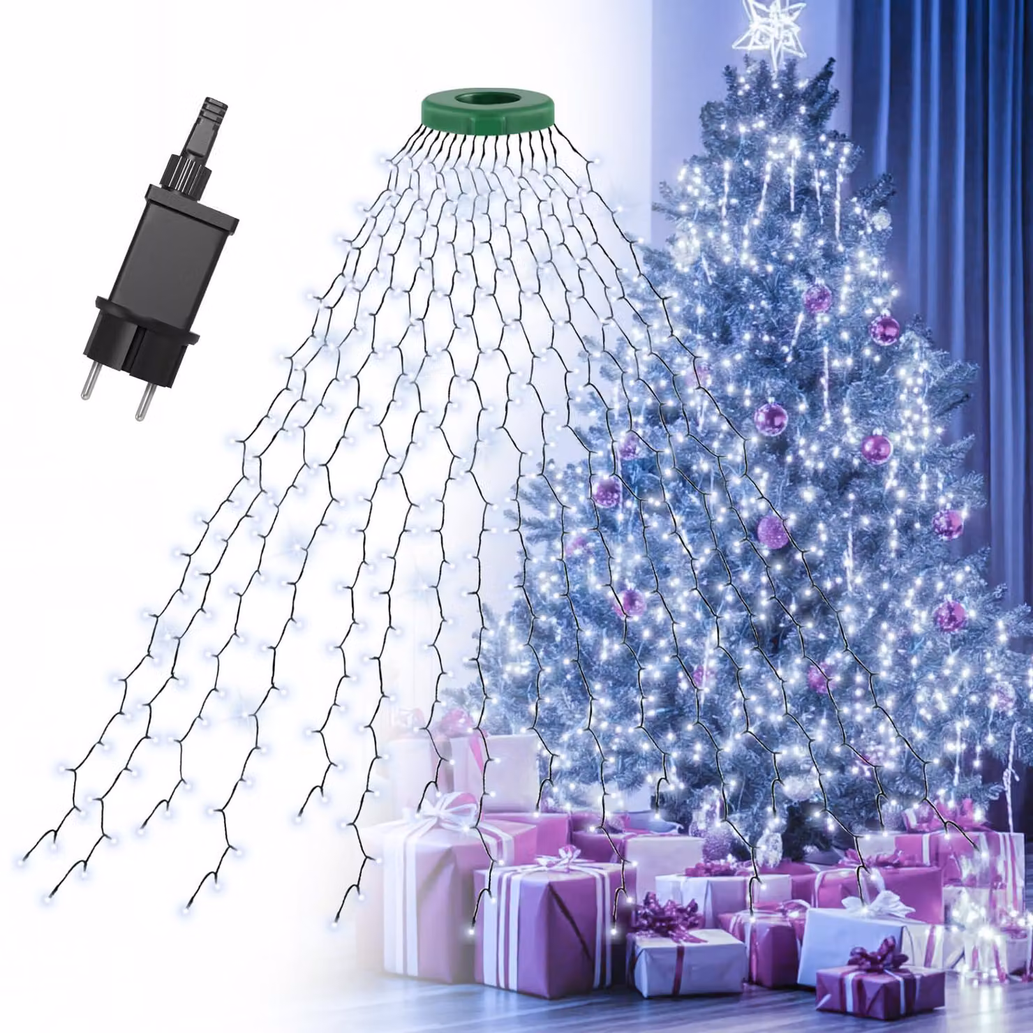 Catena luminosa per albero di Natale, 2 metri, 400 LED, luce bianca fredda, grado di protezione IP44, con timer