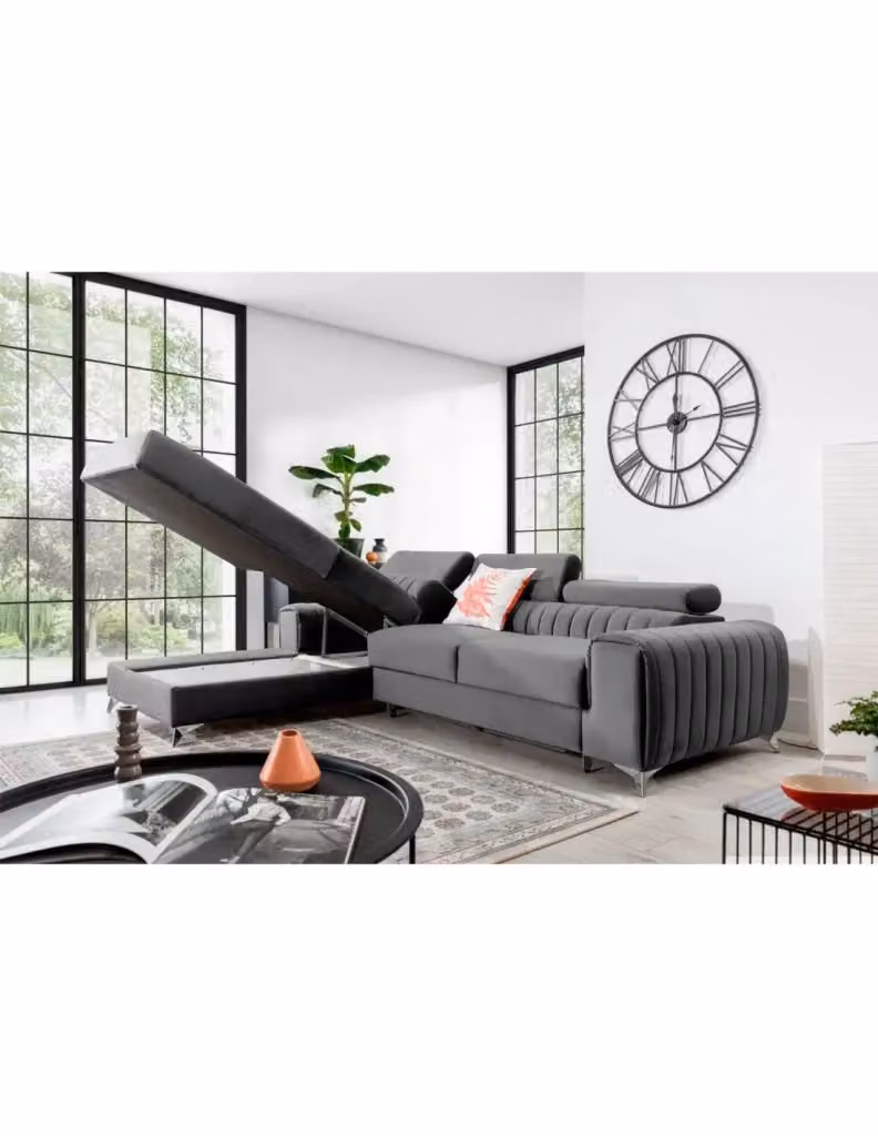 Divano angolare sinistro JAYSON MEUBLORAMA Grigio con contenitore e funzione letto, moderno con poggiapiedi coordinato e schienale regolabile, L 278 cm x P 205 cm x H 92 cm – 2