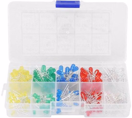 Assortimento di diodi LED nei colori rosso, giallo, bianco, verde e blu - 200 pezzi, 3 mm e 5 mm