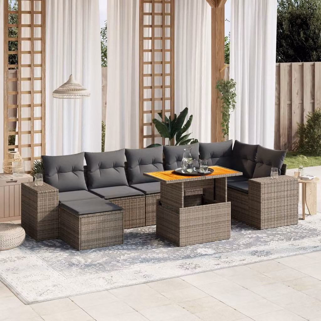 vidaXL Set Divano da Giardino 8 pz in Polyrattan Grigio con Cuscini e Tavolino da Esterno – 1