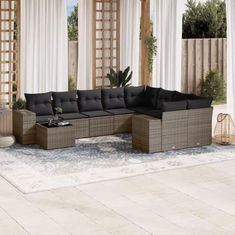 vidaXL Set Divano da Giardino 10 pz a Forma a L con Cuscini Grigio in Polyrattan e Acciaio