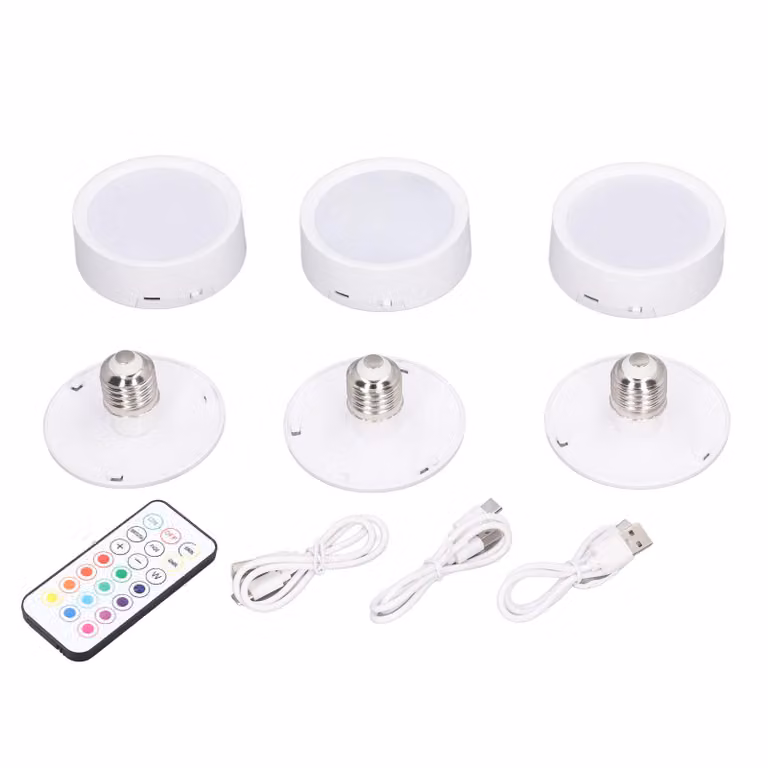 3 luci LED a disco, 4 colori, dimmerabili, temporizzazione, ricaricabili, alimentate a batteria, lampada a pressione con attacco E26, telecomando